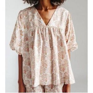 Mirth Belem Peacock Top Handmade Cotton India Medium Boho Puff Sleeve